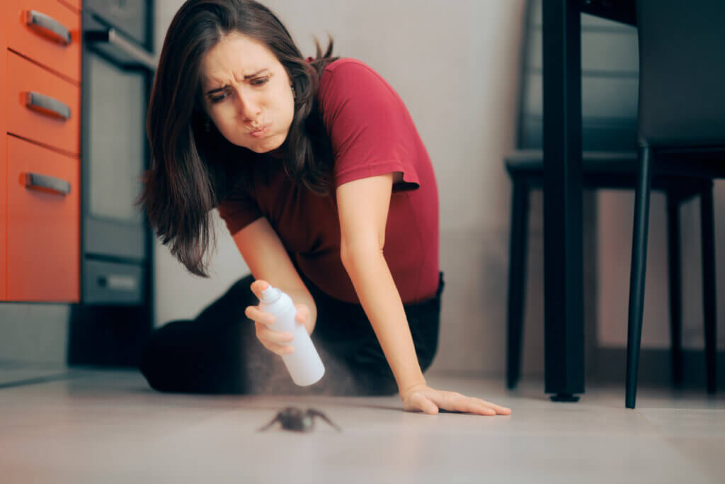 woman spraying a spider in her home - DIY pest control